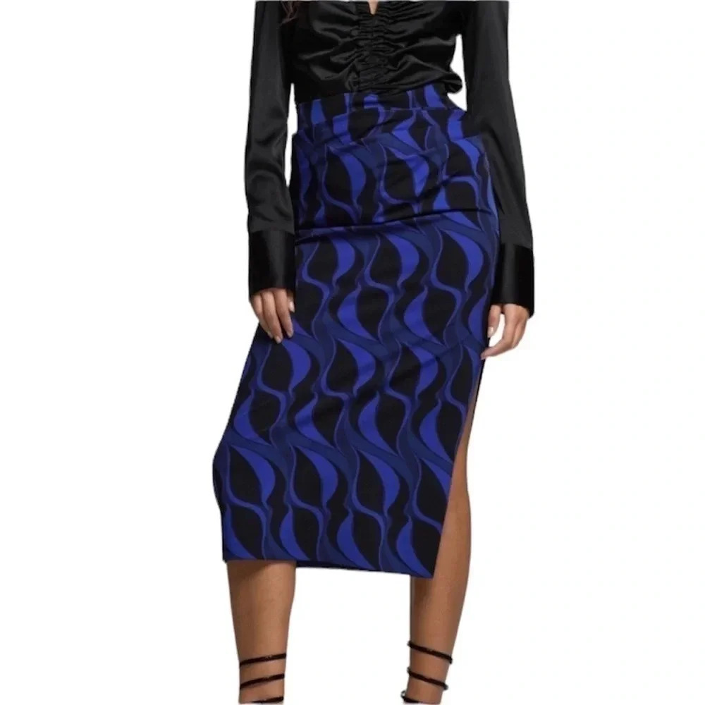 Zara Black and Blue Printed Gathered Midi Skirt with Side Slit Size XL NWT